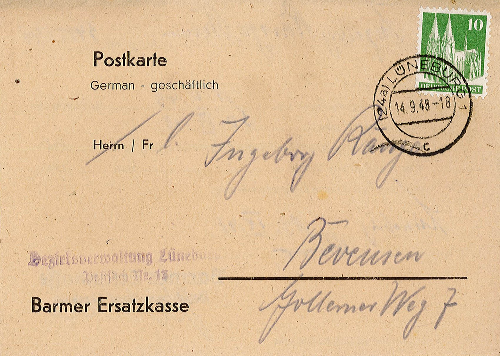 Bestätigung Austritt Krankenversicherung Barmer für Ingeborg Range, 13. November 1948 (Museum Wolmirstedt RR-F)
