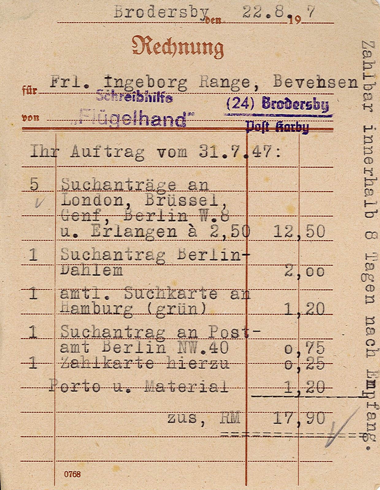 Rechnung für Rechercheaufträge nach Theodor Siebert, 22. August 1947? (Museum Wolmirstedt RR-F)
