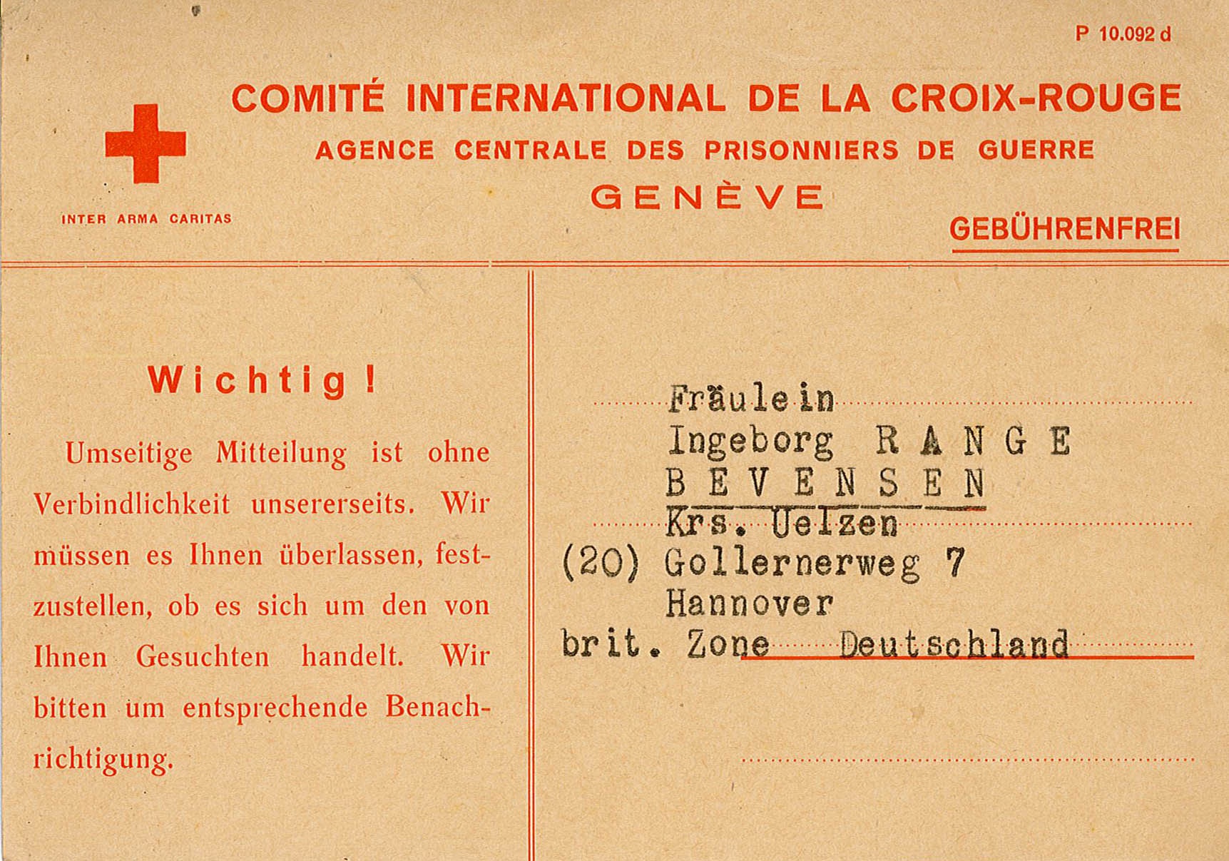 Rückmeldung vom Roten Kreuz zum Aufenthalt von Theodor Siebert, 9. Oktober 1947 (Museum Wolmirstedt RR-F)