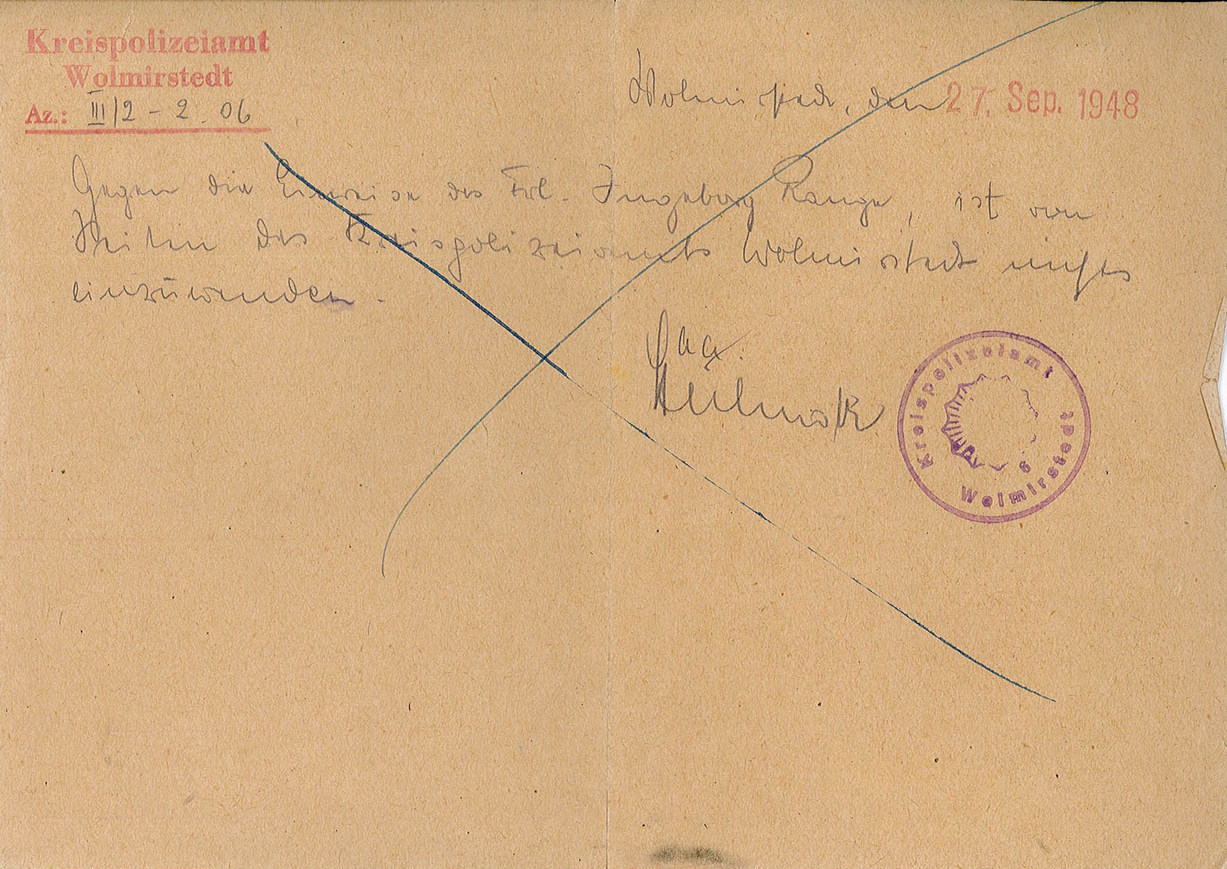 Einreisegenehmigung zur Eheschließung für Ingeborg Range, 30. September 1948 (Museum Wolmirstedt RR-F)
