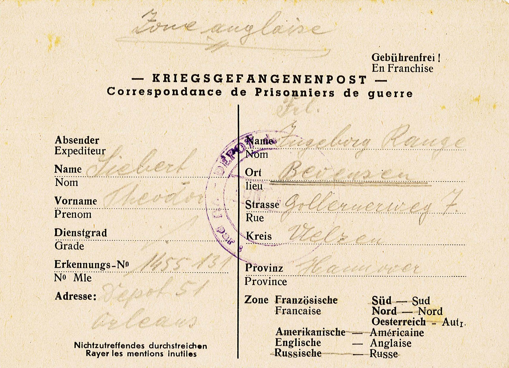 Brief an Ingeborg Range von Theodor Siebert aus der Gefangenschaft, 21. Dezember 1947 (Museum Wolmirstedt RR-F)
