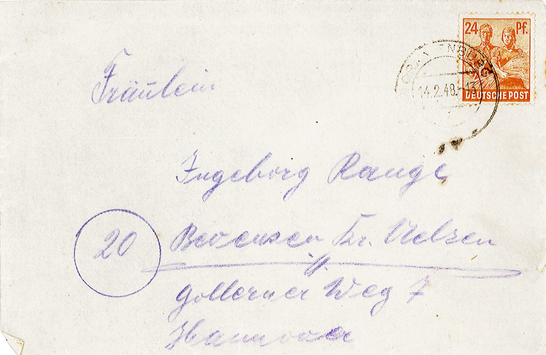 Umschlag zum Brief an Ingeborg Range von Theodor Siebert, 14. Februar 1948 (Museum Wolmirstedt RR-F)