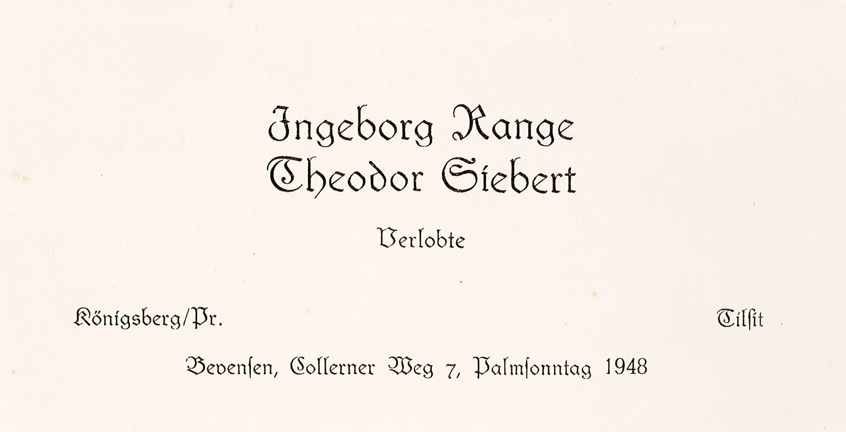 Verlobungskarte von Ingeborg Range und Theodor Siebert, 21. März 1948 (Museum Wolmirstedt RR-F)