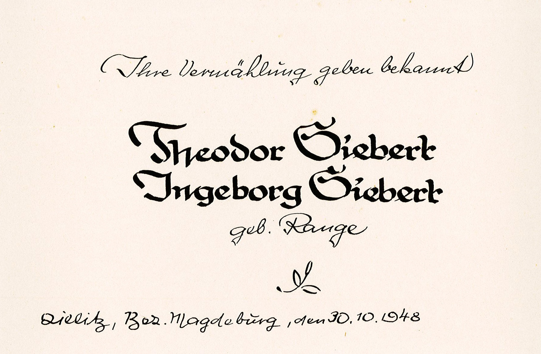 Hochzeitskarte von Ingeborg Range und Theodor Siebert, 30. Oktober 1948 (Museum Wolmirstedt RR-F)