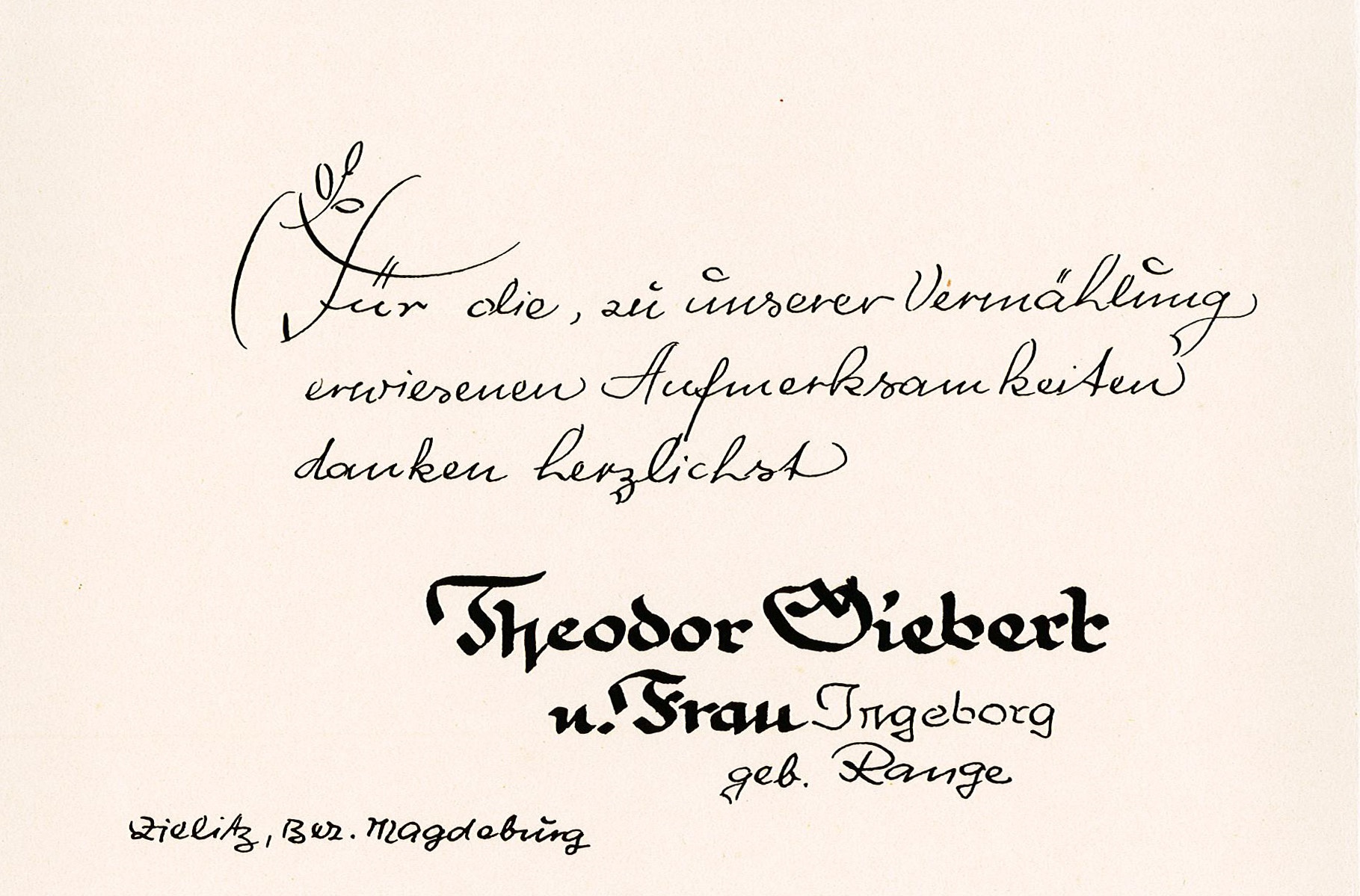 Dankeskarte zur Hochzeit von Ingeborg Range und Theodor Siebert, 30. Oktober 1948 (Museum Wolmirstedt RR-F)