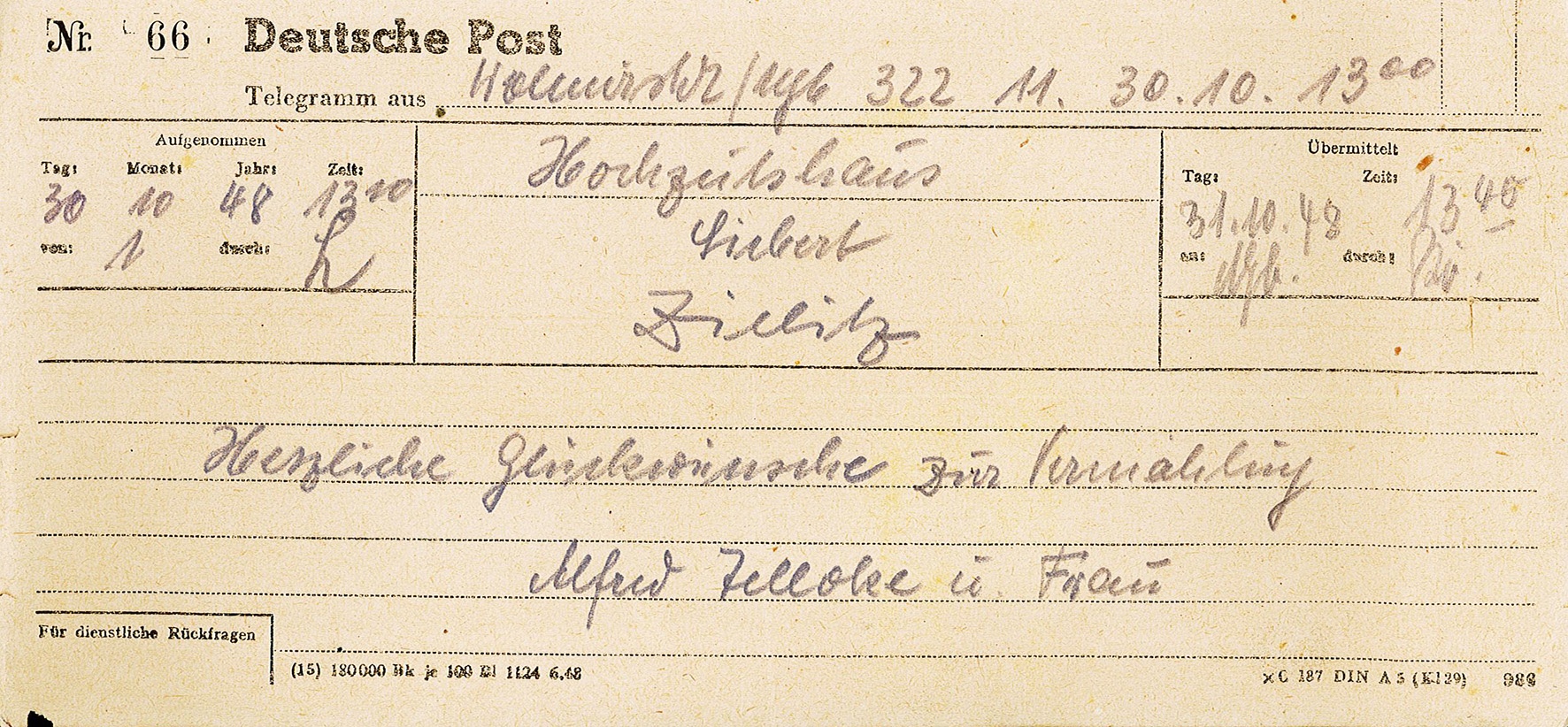 Glückwunschtelegramm zur Hochzeit an Ehepaar Ingeborg und Theodor Siebert von Familie Alfred Telloke, 30.10.1948 (Museum Wolmirstedt RR-F)