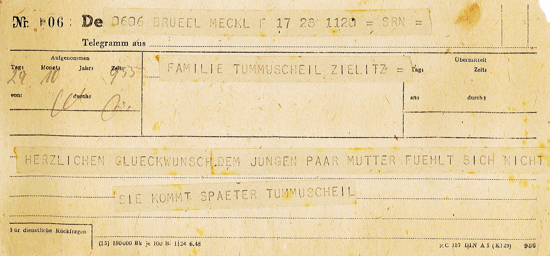 Glückwunschtelegramm zur Hochzeit an Ehepaar Ingeborg und Theodor Siebert von Familie Tummuscheil, 29.10.1948 (Museum Wolmirstedt RR-F)