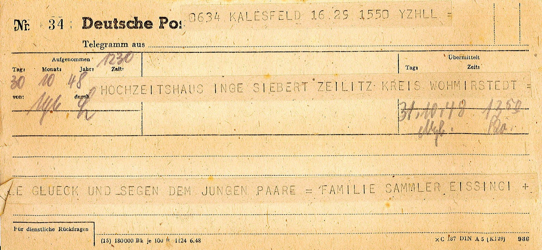 Glückwunschtelegramm zur Hochzeit an Ehepaar Ingeborg und Theodor Siebert von Familie Sammler Eissingi, 30.10.1948 (Museum Wolmirstedt RR-F)