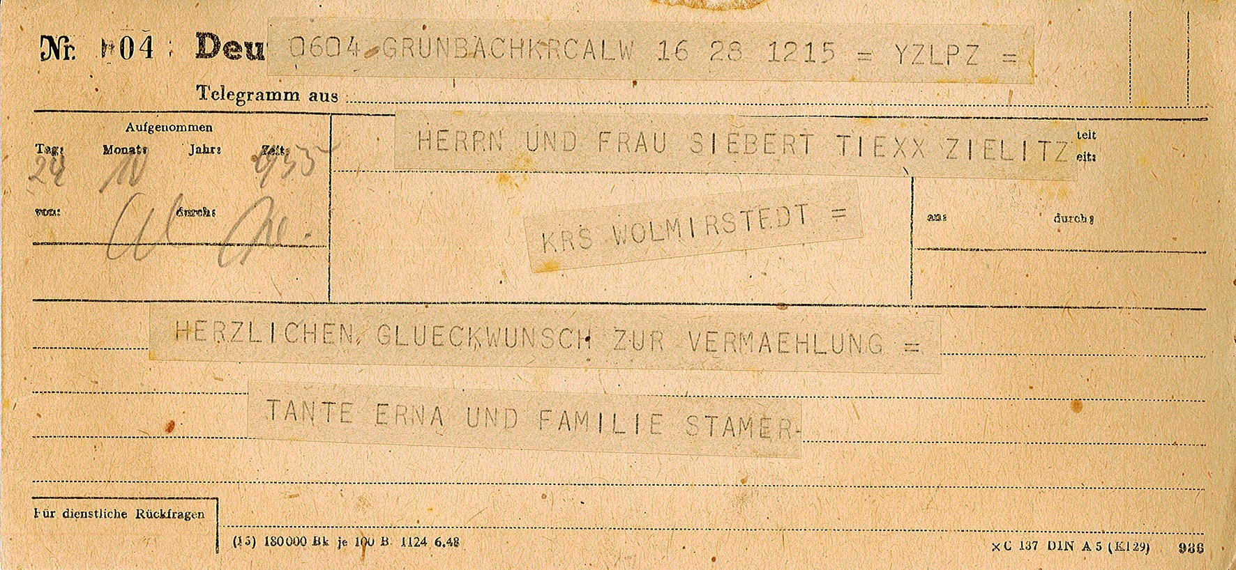 Glückwunschtelegramm zur Hochzeit an Ehepaar Ingeborg und Theodor Siebert von Tante Erna und Familie Stamer, 29.10.1948 (Museum Wolmirstedt RR-F)