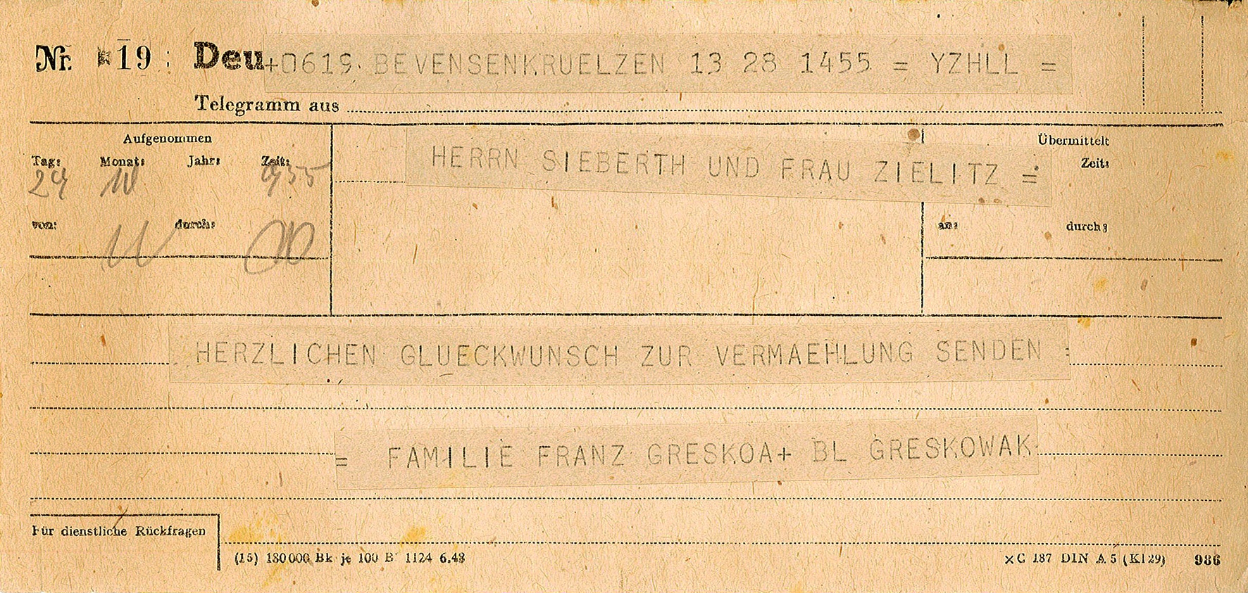 Glückwunschtelegramm zur Hochzeit an Ehepaar Ingeborg und Theodor Siebert von Familie Greskowak, 29.10.1948 (Museum Wolmirstedt RR-F)