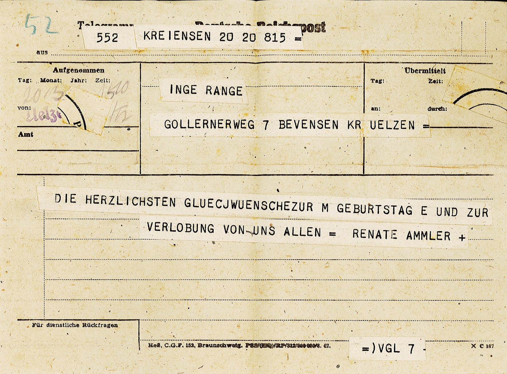 Glückwunschtelegramm zur Verlobung an Ingeborg Range von Renate Ammler, 20.03.1948 (Museum Wolmirstedt RR-F)
