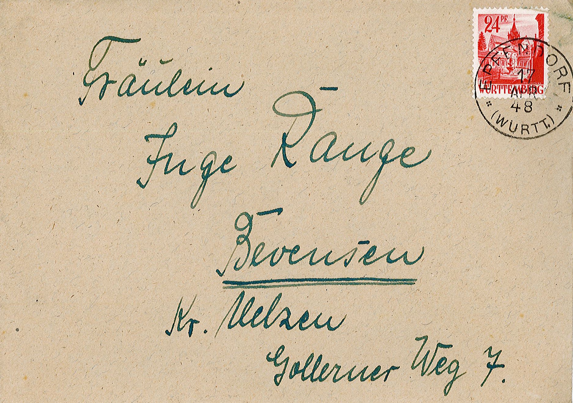 Glückwunschbrief zur Verlobung an Ingeborg Range von Familie Rickert, 15. April 1948 (Museum Wolmirstedt RR-F)