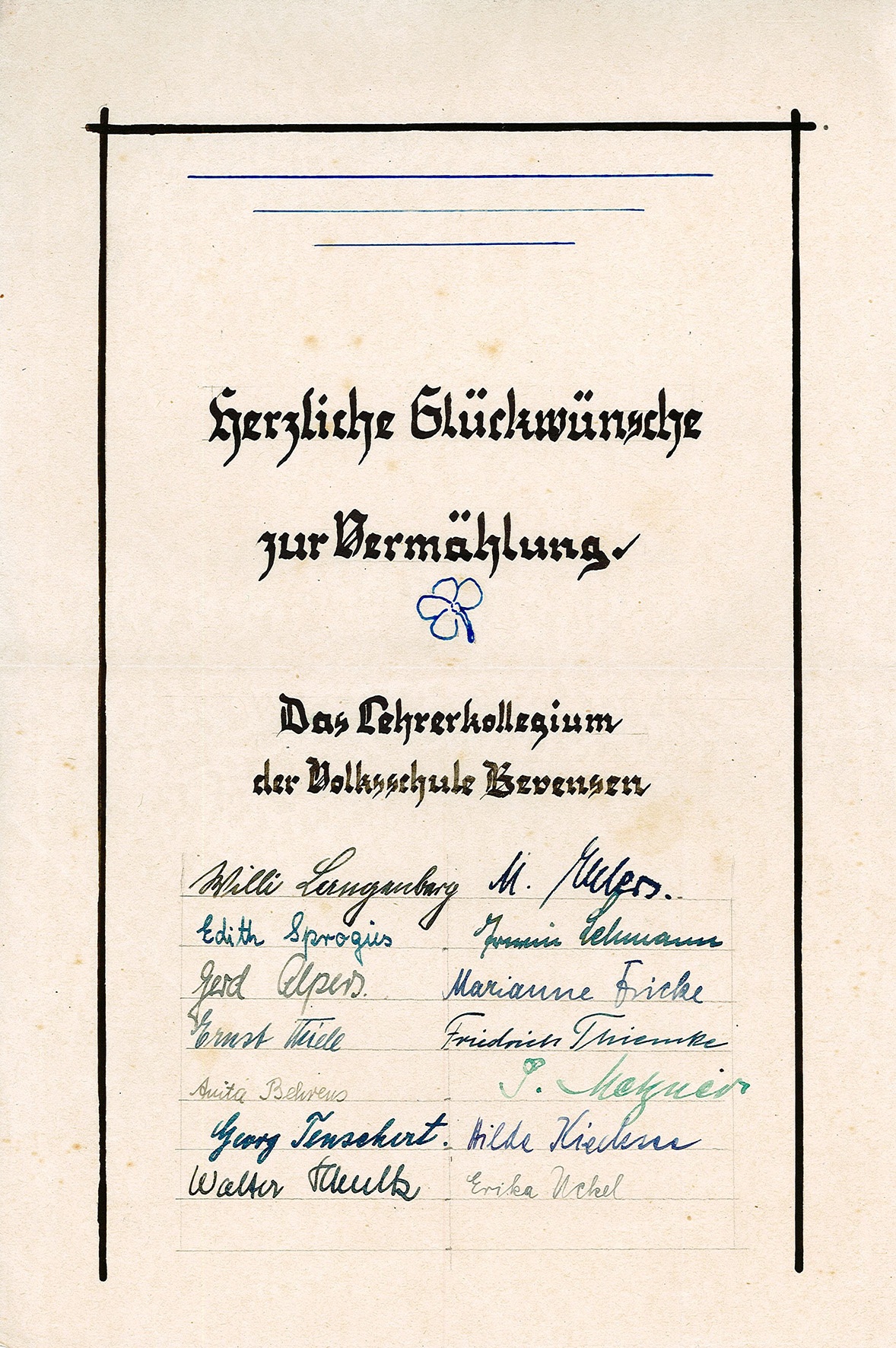 Glückwunschkarte zur Hochzeit an Ingeborg Siebert vom Lehrerkollegium der Volksschule Bevensen, 1948 (Museum Wolmirstedt RR-F)