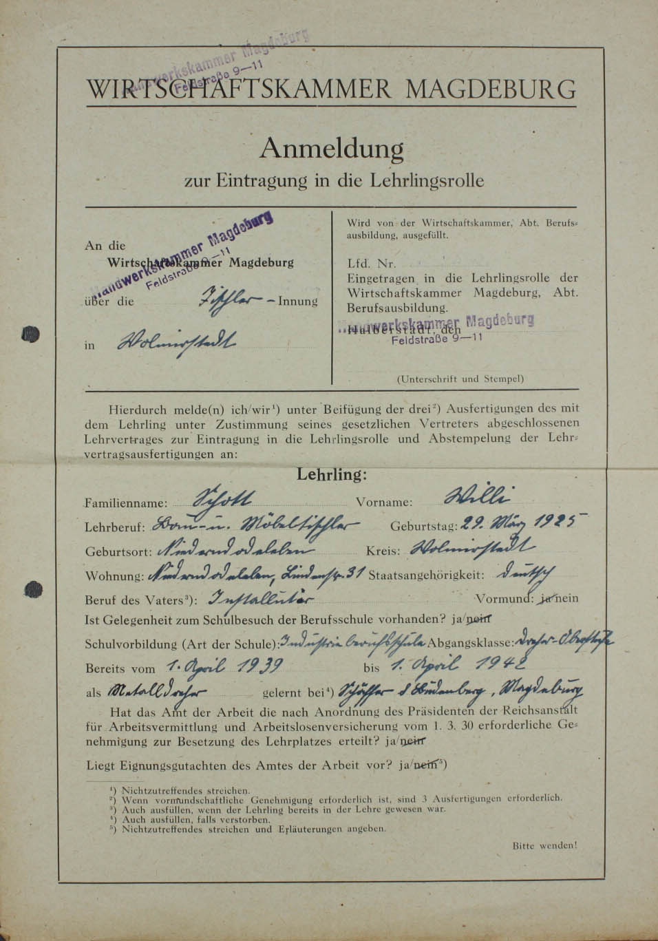 Anmeldung zur Eintragung in die Lehrlingsrolle, Schott, Willi (Museum Wolmirstedt RR-F)