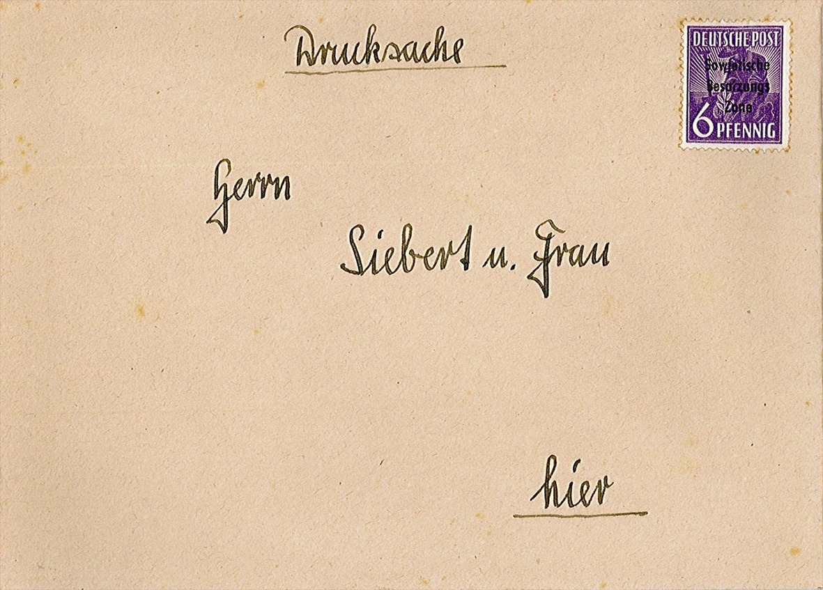 Briefumschlag für Glückwünsche an die Eheleute Siebert, November 1948? (Museum Wolmirstedt RR-F)