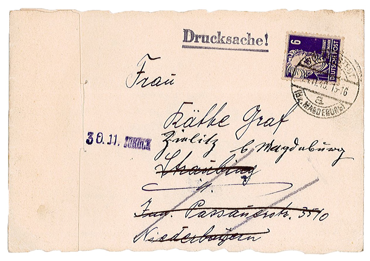 Hochzeitskarte der Eheleute Siebert, 1948 - Rücksendung wegen falscher Adresse (Museum Wolmirstedt RR-F)
