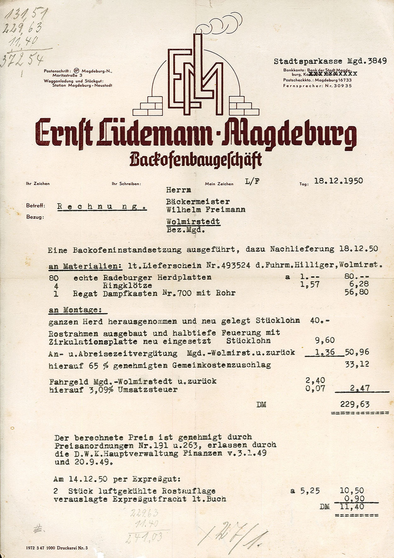 Rechnung für Instandsetzung des Backofens der Bäckerei Freimann, Wolmirstedt vom 18.12.1950 (Museum Wolmirstedt RR-F)