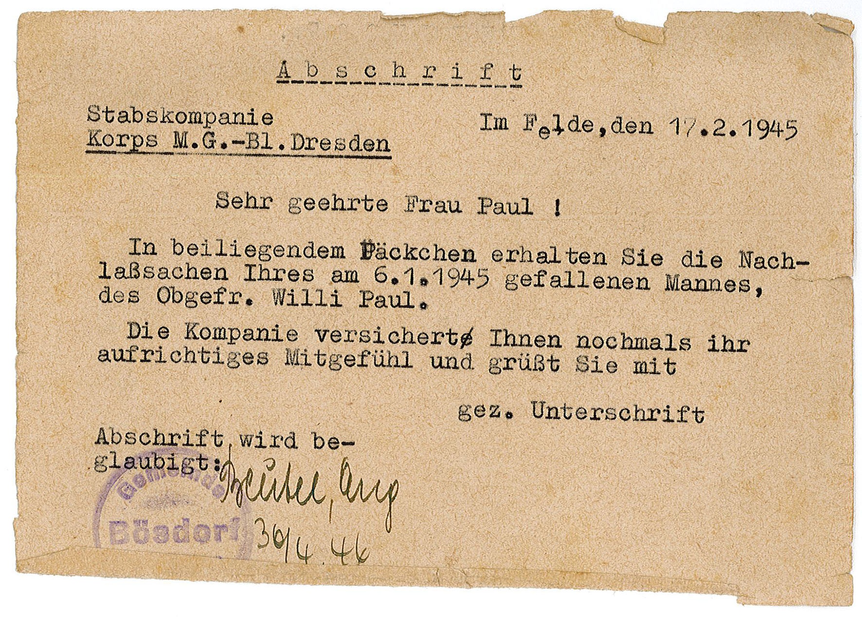 Brief zu Nachlass des Obergefreiten Willi Paul, 17.02.1945 (Museum Wolmirstedt RR-F)