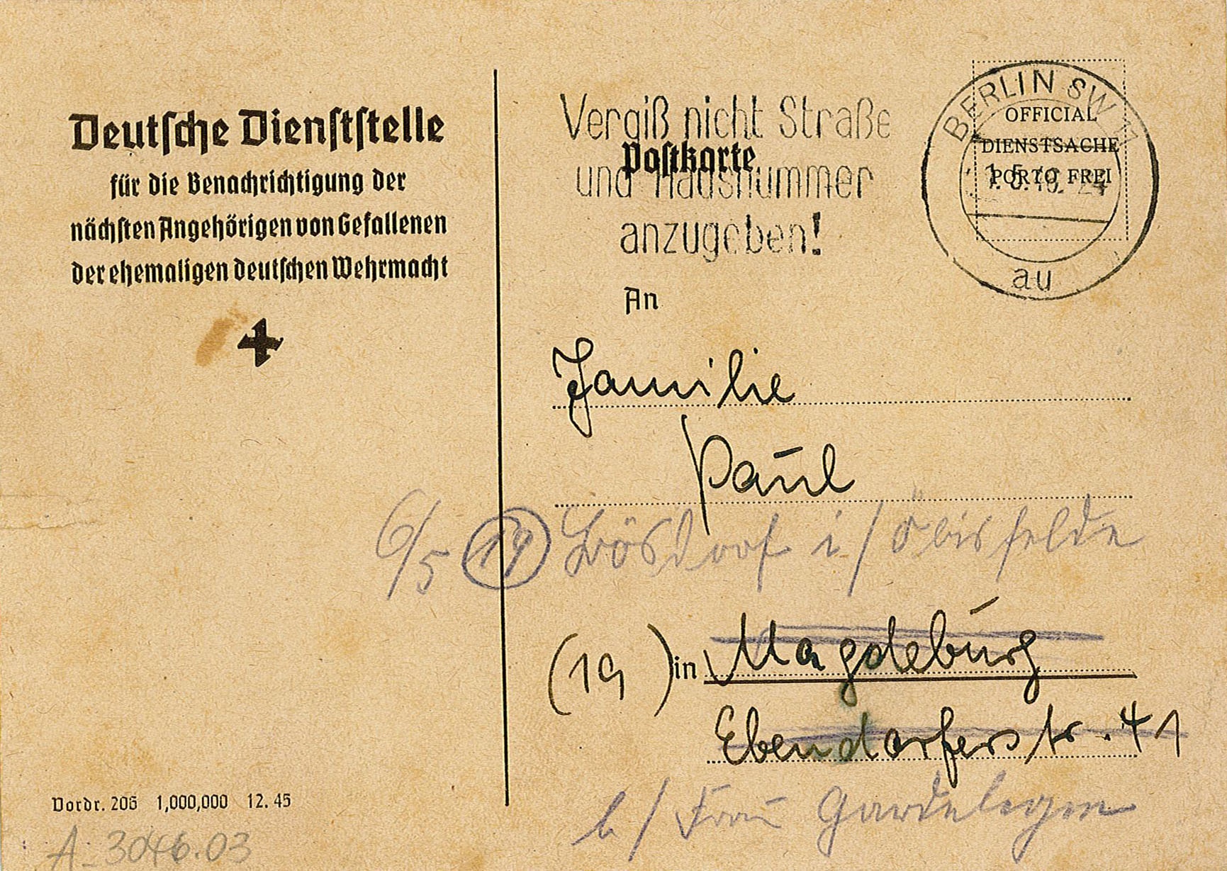 Gefallenenmeldung des Obergefreiten Willi Paul, 29.04.1946 (Museum Wolmirstedt RR-F)