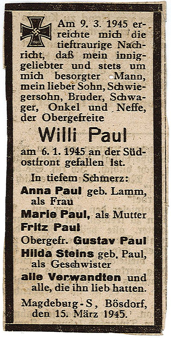 Todesanzeige für den Obergefreiten Willi Paul, 15.03.1945 (Museum Wolmirstedt RR-F)