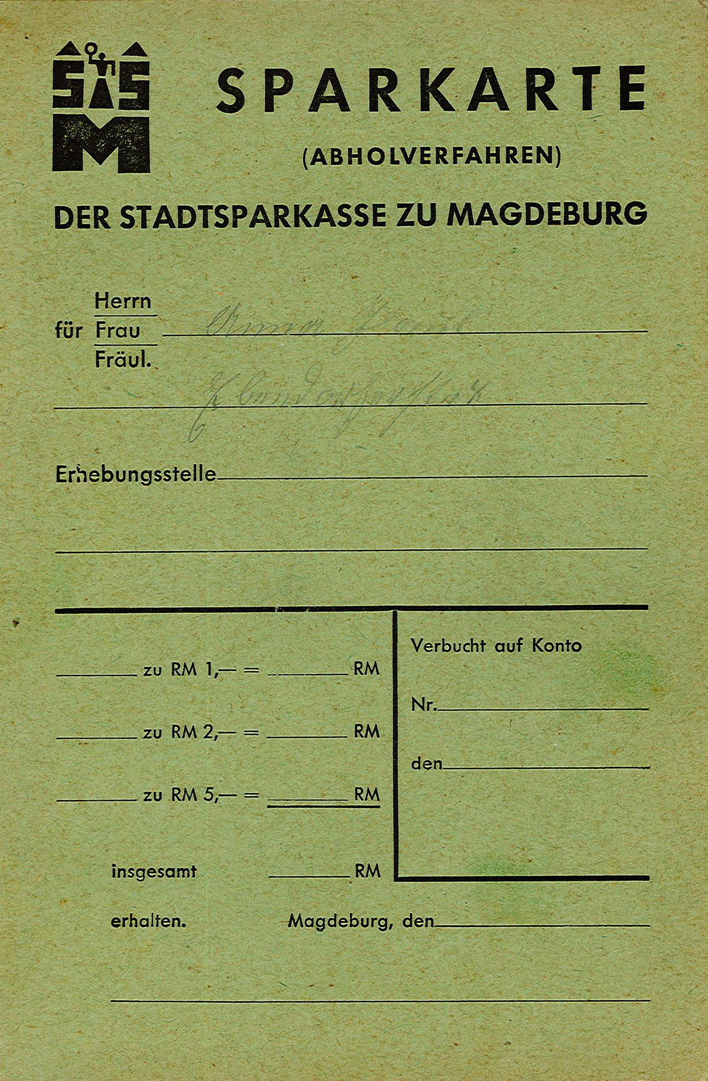 Sparkarte der Stadtsparkasse Magdeburg, Inhaber Anna Paul, 1943-1944 (Museum Wolmirstedt RR-F)