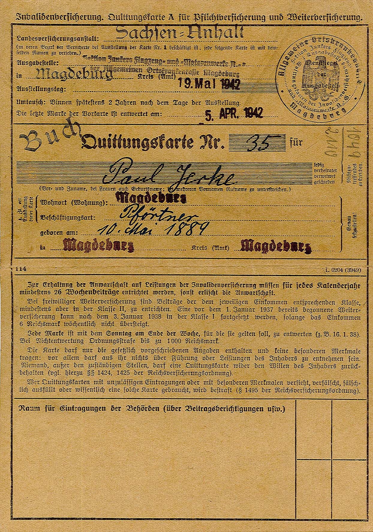 Quittungskarte für Invalidenversicherung von Paul Wilhelm Jerke, 1942/1943 (Museum Wolmirstedt RR-F)