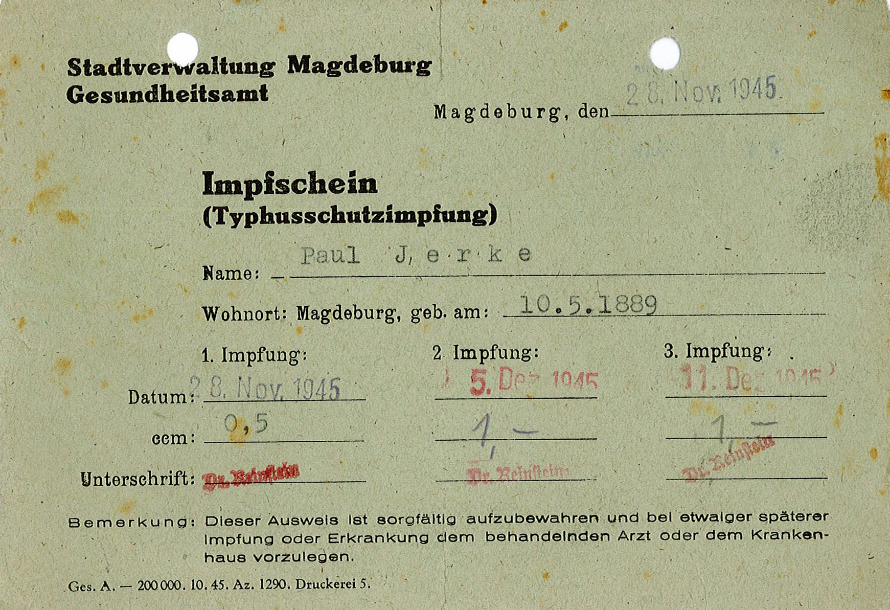 Impfschein für Tyhusschutzimpfung von Paul Wilhelm Jerke, 1945 (Museum Wolmirstedt RR-F)
