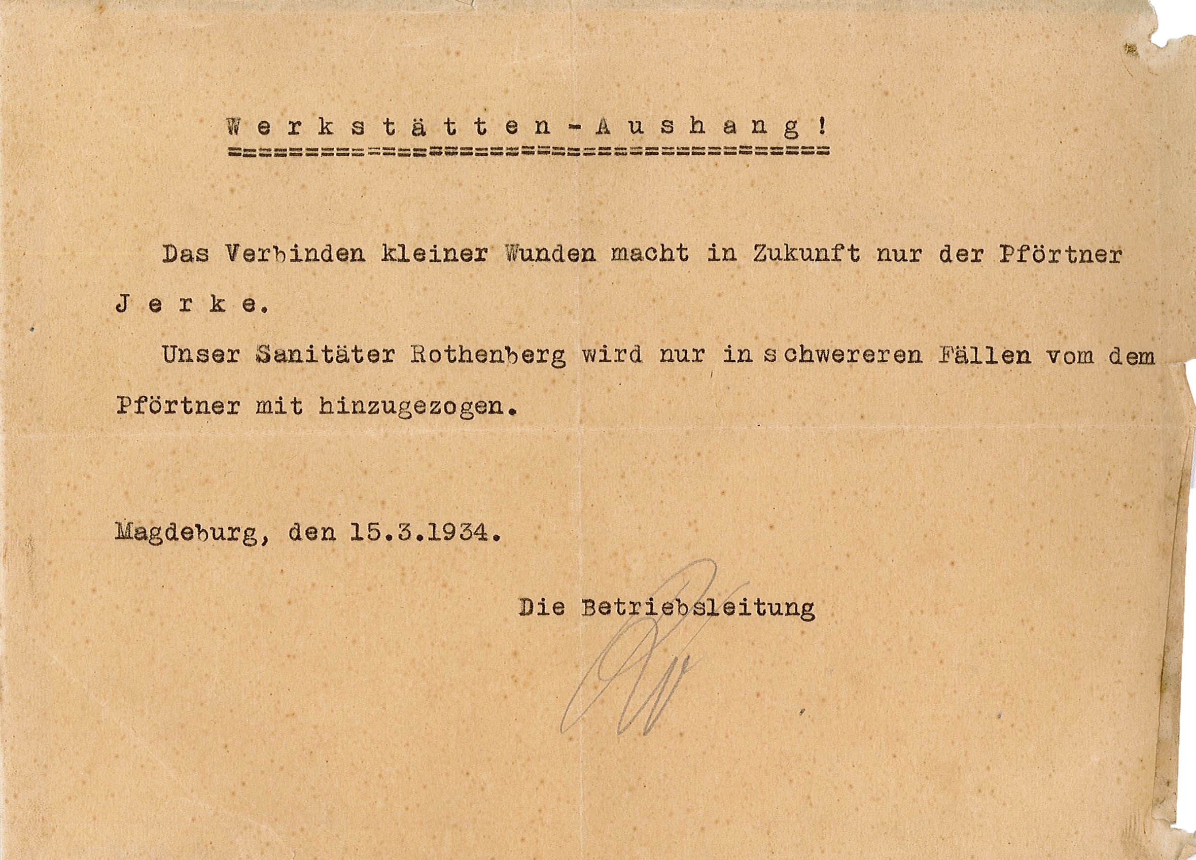 Informationsschreiben mit Nennung von Paul Wilhelm Jerke, 1934 (Museum Wolmirstedt RR-F)