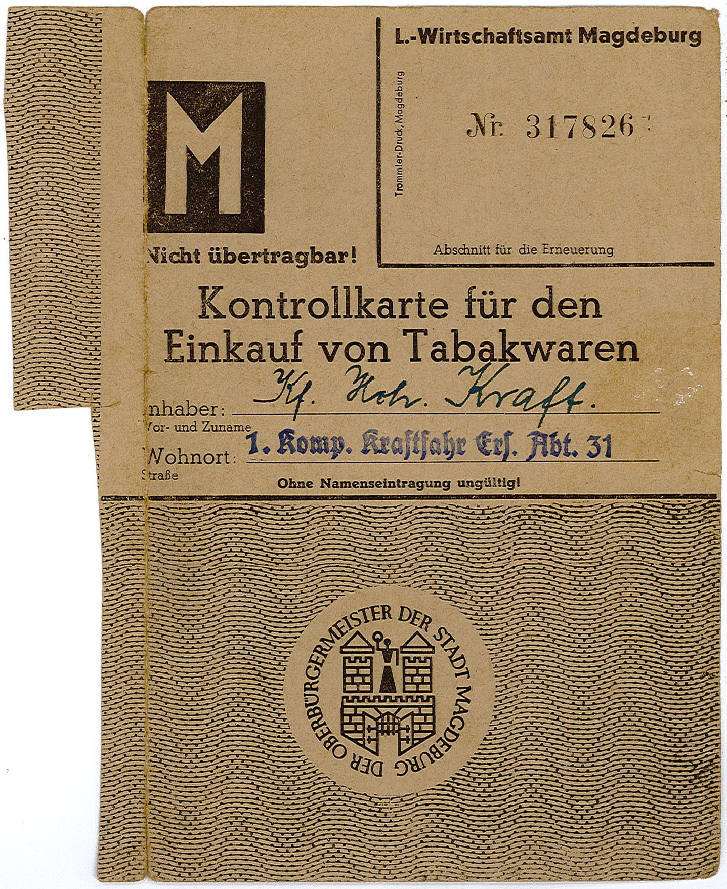 Kontrollkarte für den Einkauf von Tabakwaren für Joh. Kraft, 1942 (Museum Wolmirstedt RR-F)
