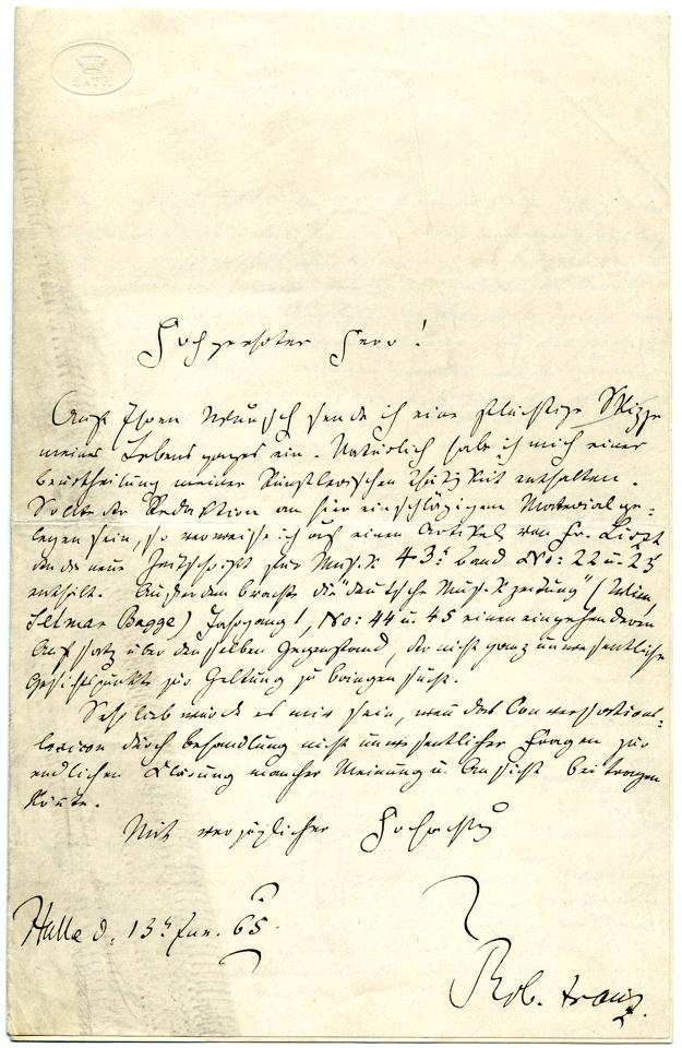 Brief von Robert Franz an den Brockhaus-Verlag Leipzig, mit Beilage (Selbstbiographie) (Stiftung Händel-Haus Halle CC BY-NC-SA)
