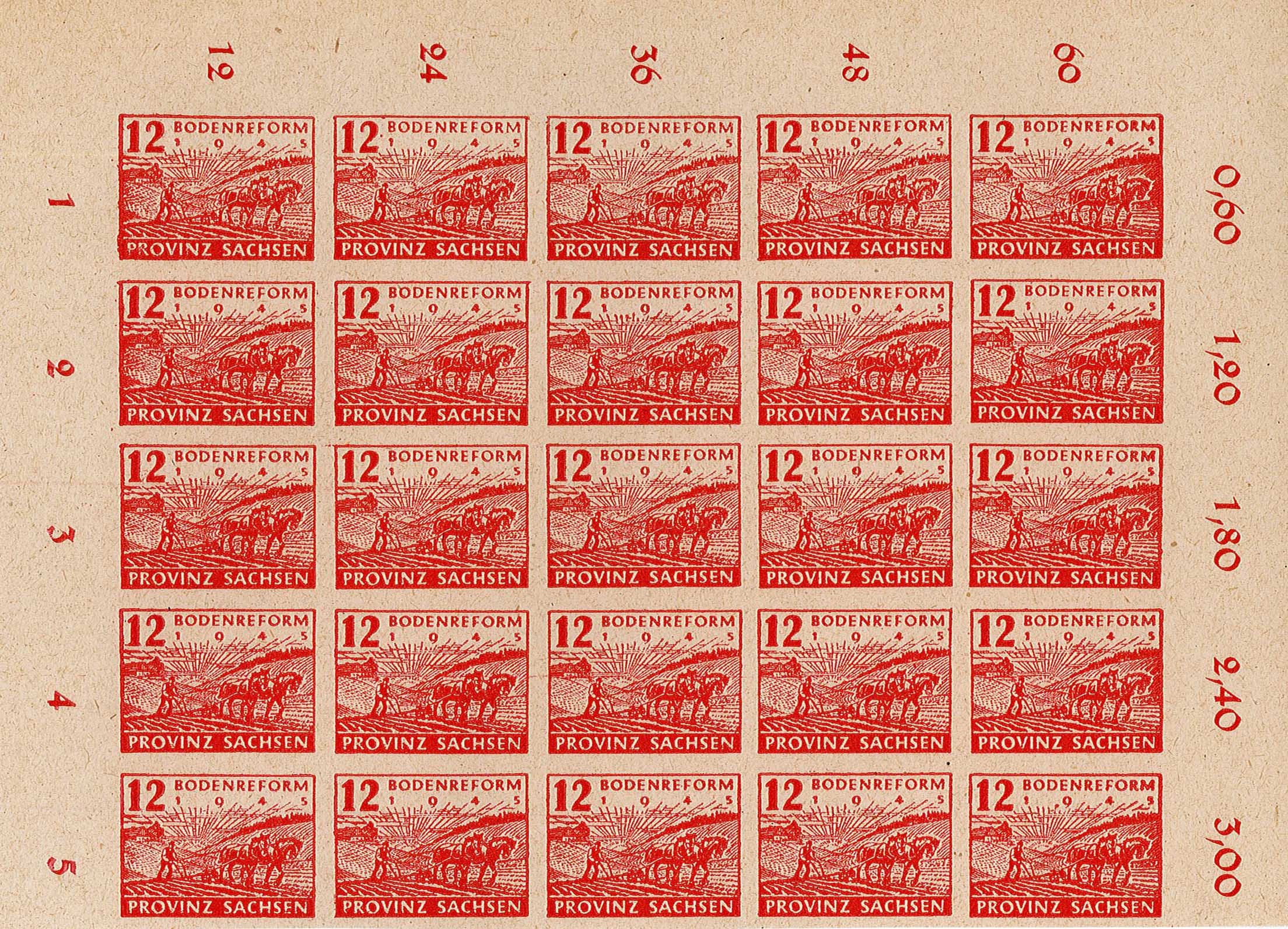 Briefmarkenbogen mit Motiv zur Bodenreform 1945 (Wert 6 Pfennig) (Museum Wolmirstedt RR-F)