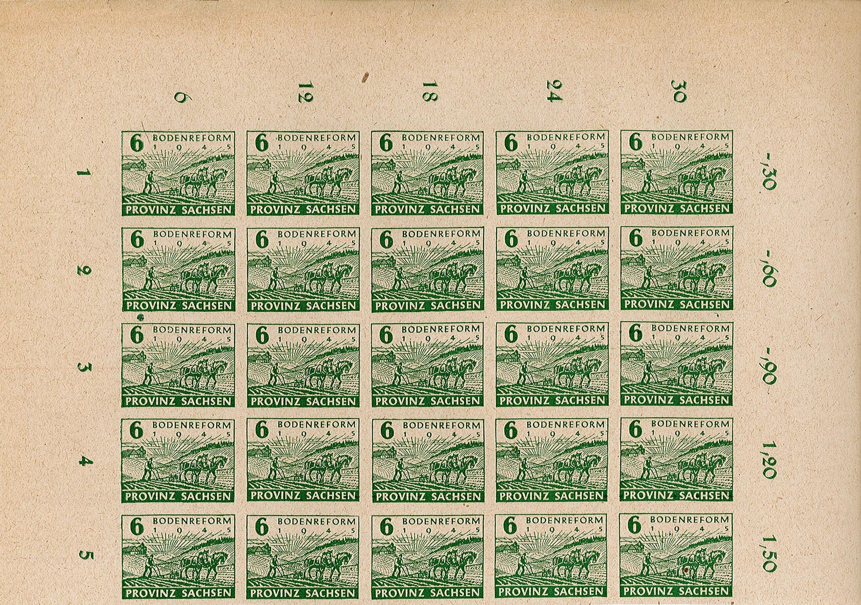 Briefmarkenbogen mit Motiv zur Bodenreform 1945 (Wert 12 Pfennig) (Museum Wolmirstedt RR-F)