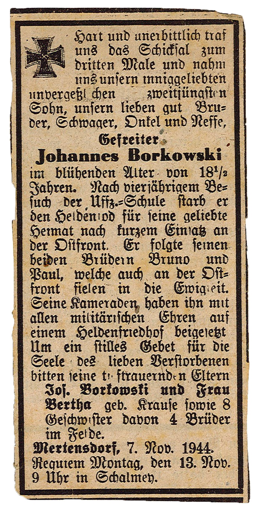 Todesanzeige für Johannes Borkowski, 07.11.1944 (Museum Wolmirstedt RR-F)