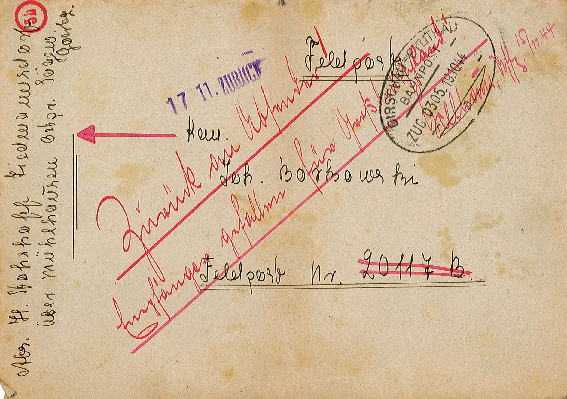 Briefumschlag für Feldpost mit Hinweis auf Tod des Empfängers Johannes Borkowski an Hildegard Stohshoff, 15.11.1944 (Museum Wolmirstedt RR-F)