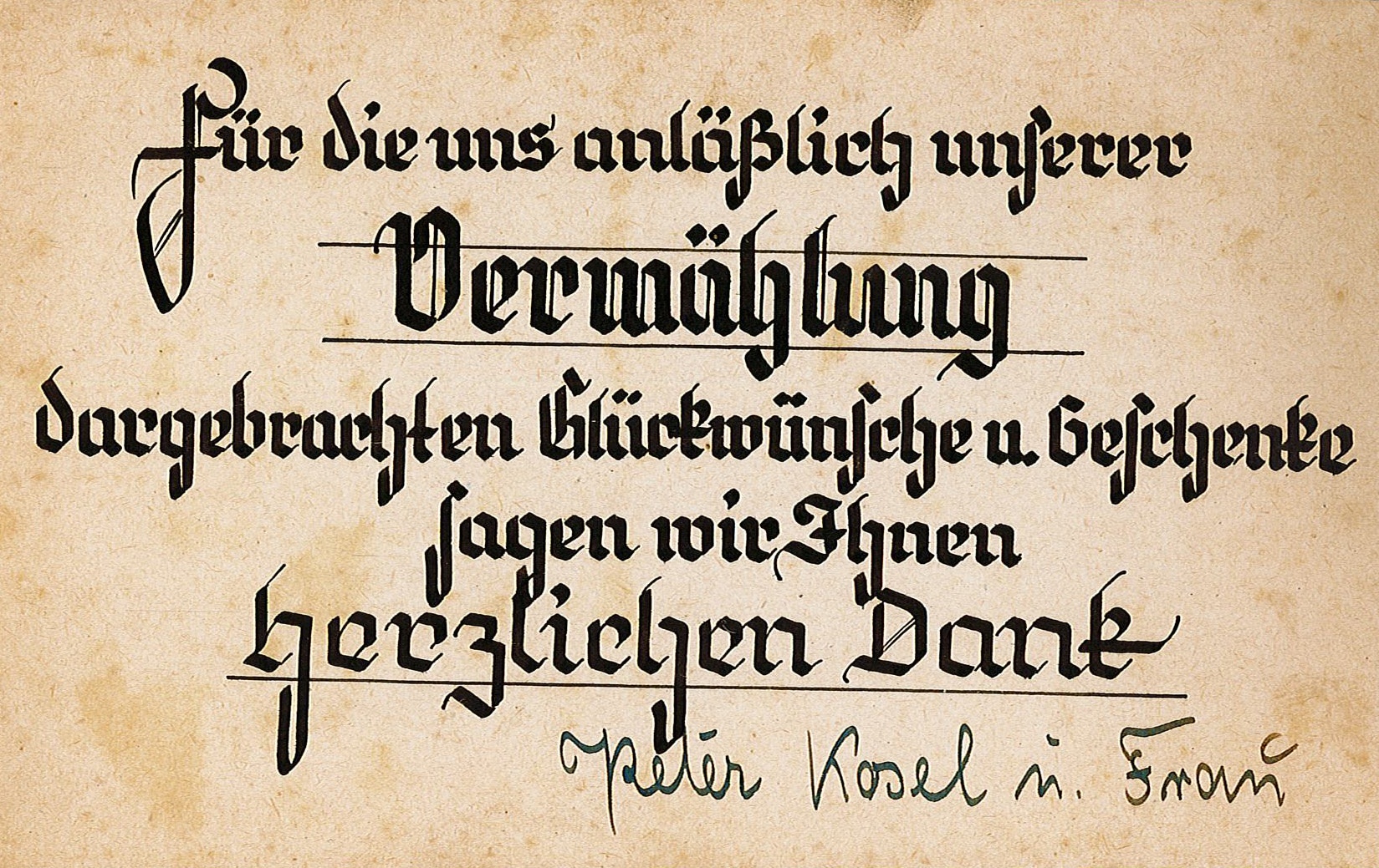 Dankeskarte zur Hochzeit von Familie Kosel an Hildegard Stohshoff, 16.11.1944 - nebst Umschlag (Museum Wolmirstedt RR-F)