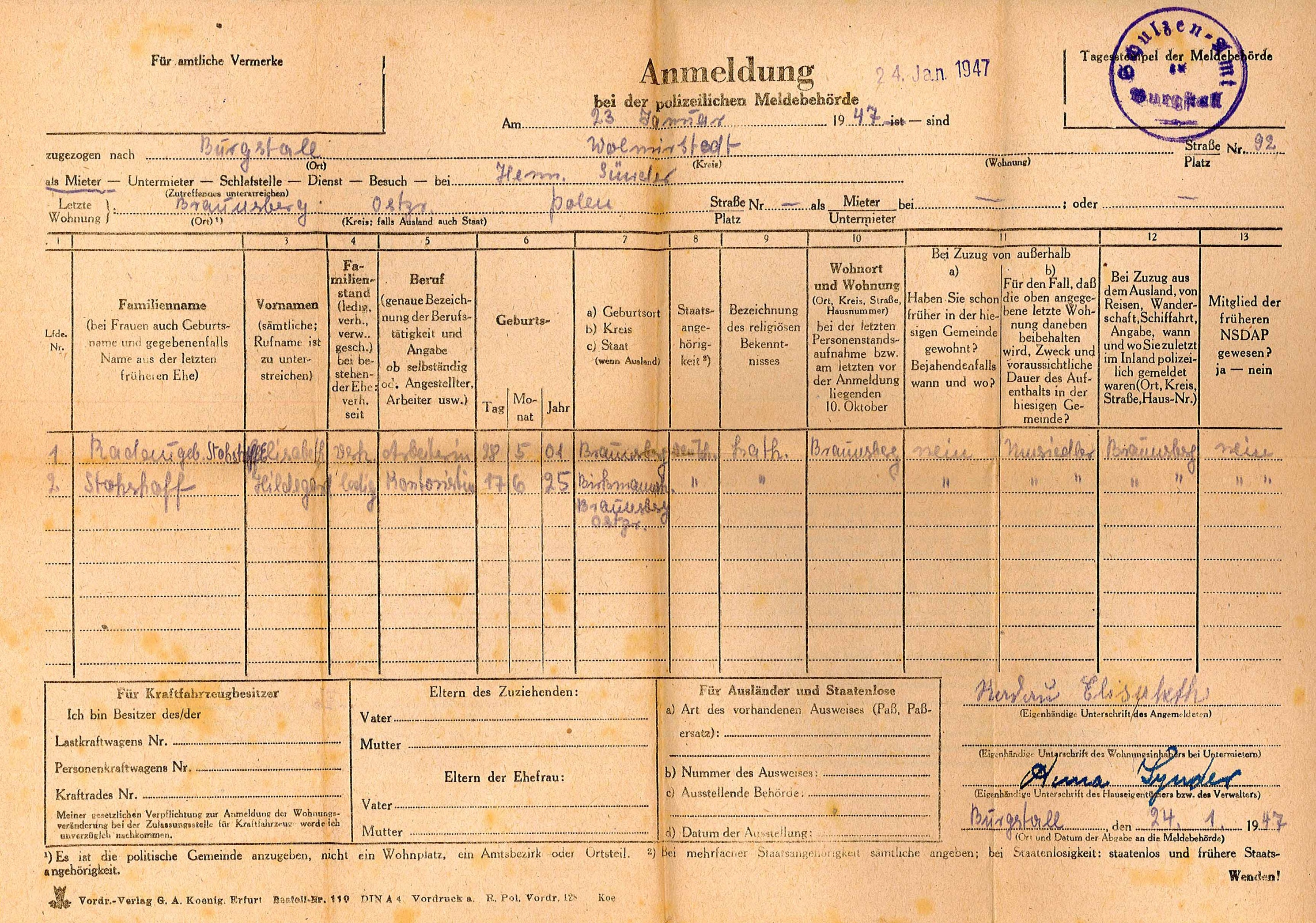 Polizeiliches Meldeformular für Hildegard Stohßhoff und Elisabeth Radau vom 24.01.1947, Burgstall (Museum Wolmirstedt RR-F)