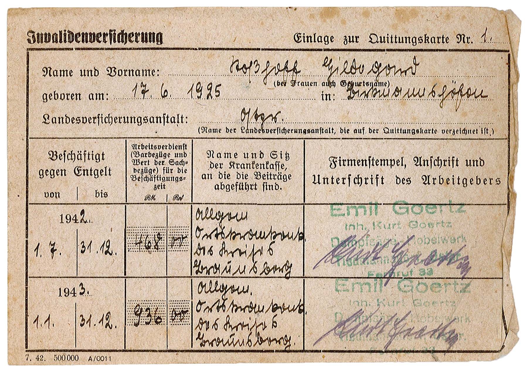 Einlage zur Quittungskarte der Invalidenversicherung von Hildegard Stoshoff für die Angestelltenversicherung, 1942/1943 (Museum Wolmirstedt RR-F)
