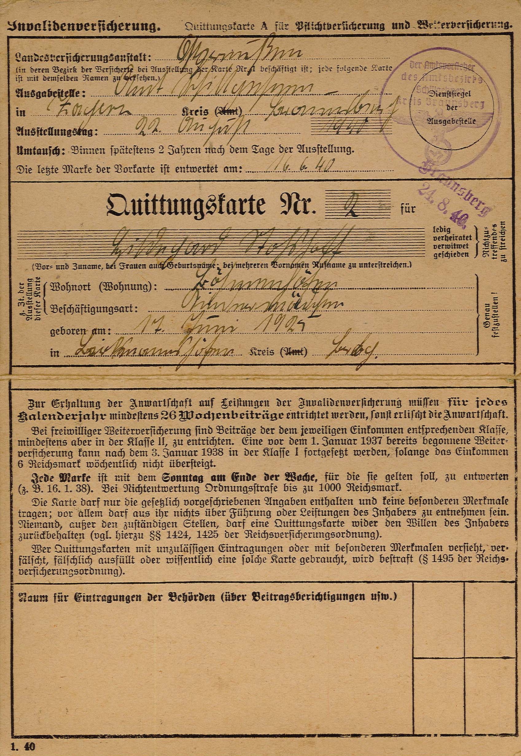 Quittungskarte zur Invalidenversicherung von Hildegard Stoshoff, 1940 (Museum Wolmirstedt RR-F)