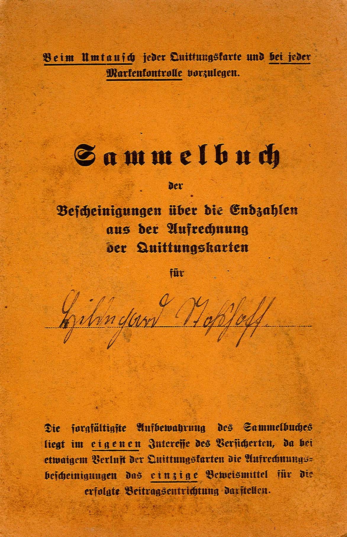 Quittungskarte zur Invalidenversicherung von Hildegard Stoshoff, 1940 (Museum Wolmirstedt RR-F)