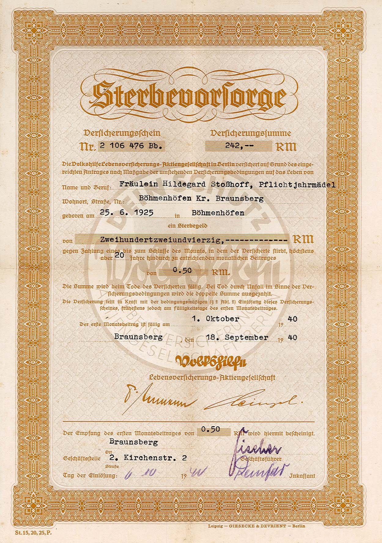 Versicherungschein für Vorversicherung Sterbevorsorge für Hildegard Stoshoff, 06.10.1940 (Museum Wolmirstedt RR-F)