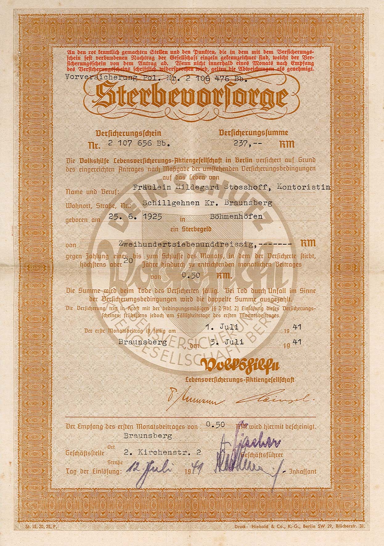 Versicherungschein für Sterbevorsorgeversicherung für Hildegard Stoshoff, 12.07.1941 (Museum Wolmirstedt RR-F)