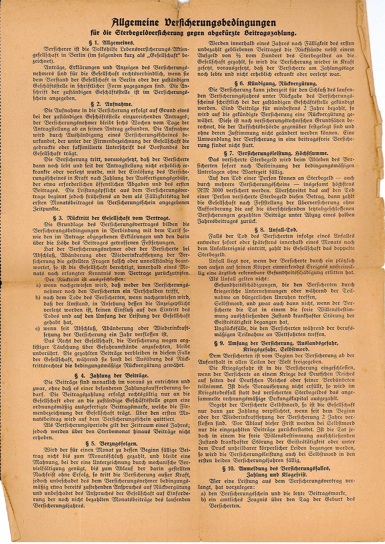 Allgemeine Versicherungsbedingungen für die Sterbegeldversicherung, 10.09.1940 (Museum Wolmirstedt RR-F)