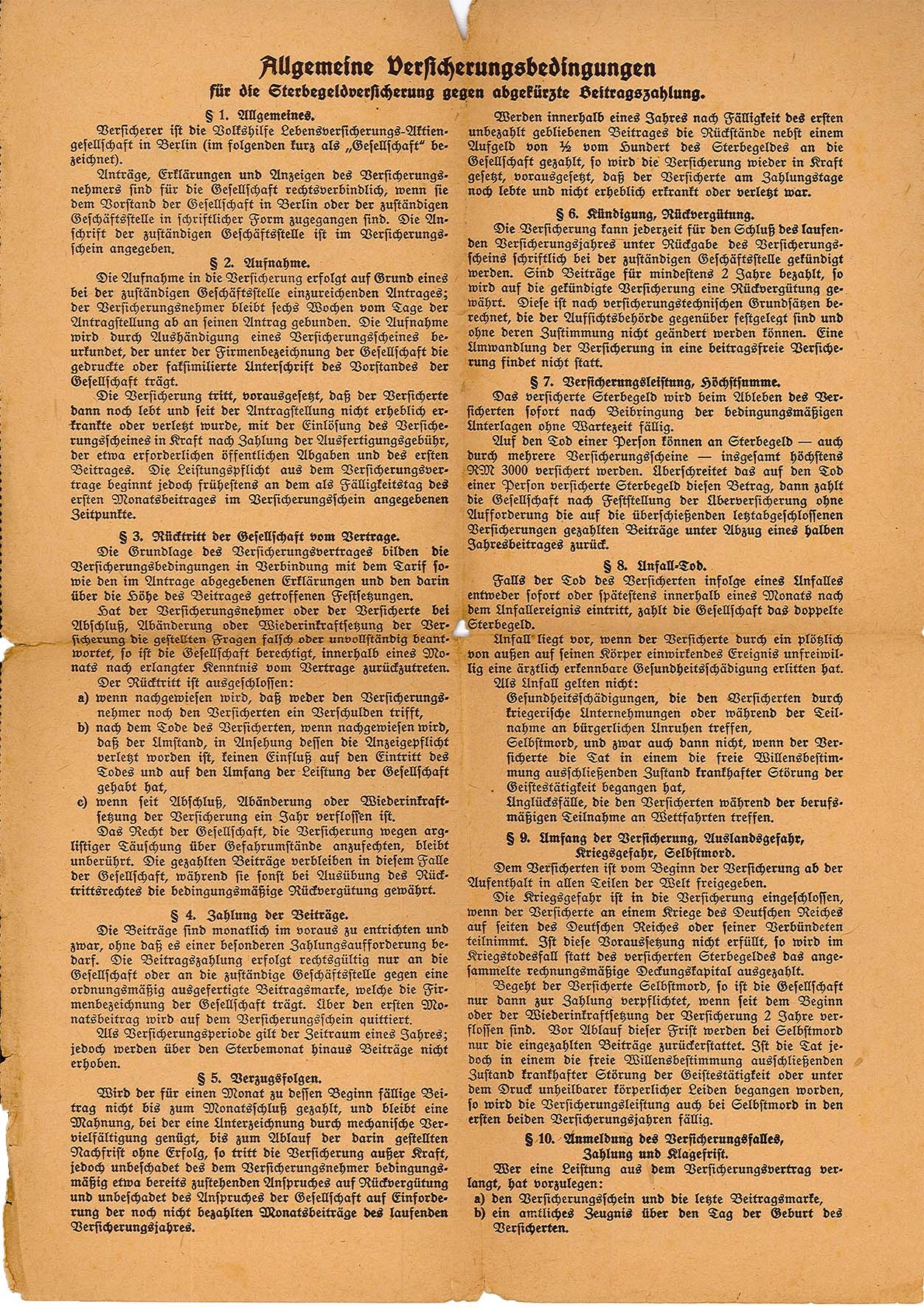 Allgemeine Versicherungsbedingungen für die Sterbegeldversicherung, 08.06.1941 (Museum Wolmirstedt RR-F)