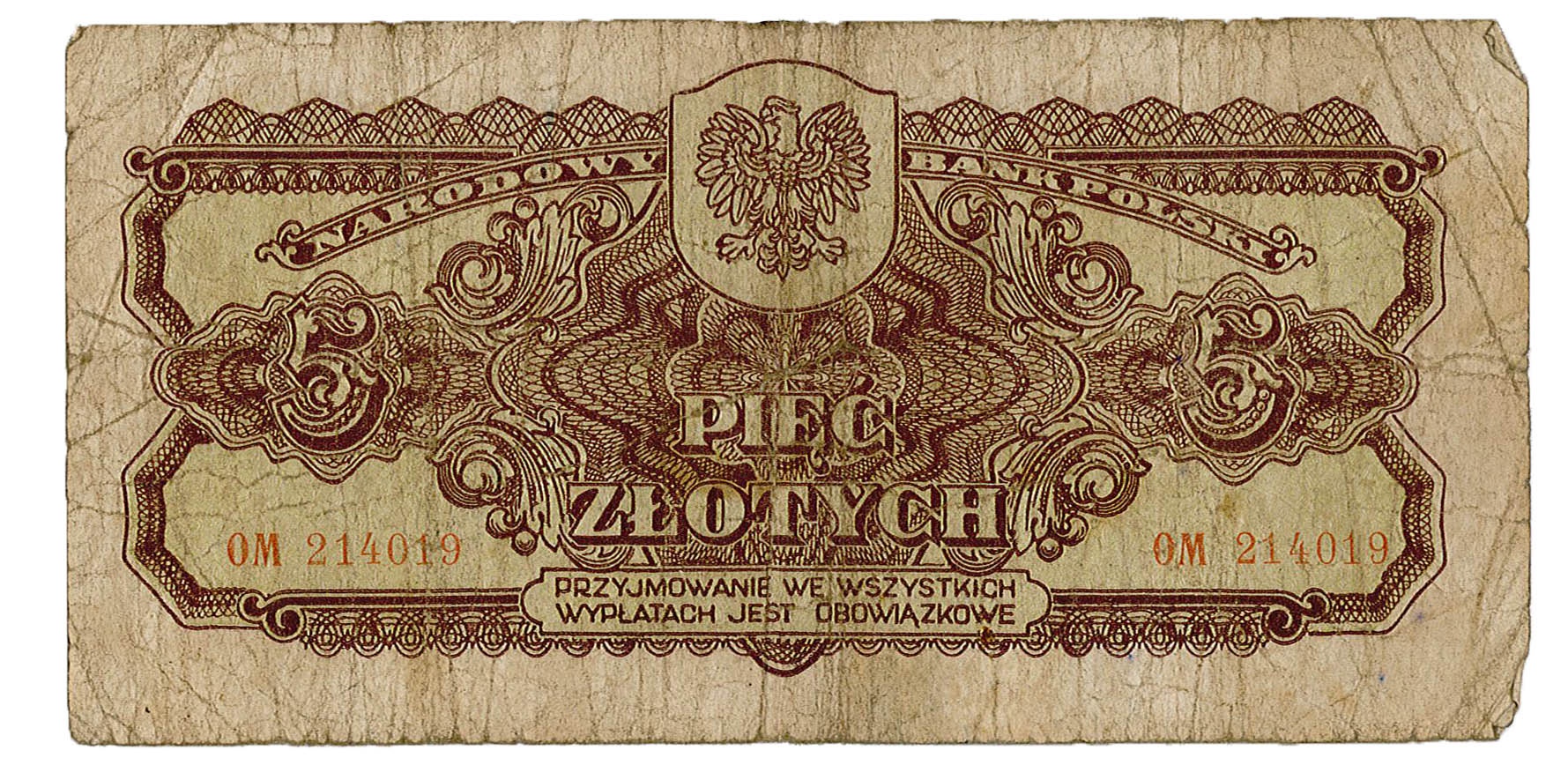 Banknote 5 Zloty (Polen), 1944 (Museum Wolmirstedt RR-F)