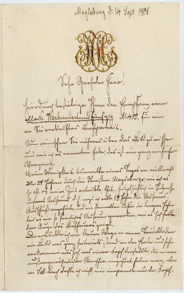 Brief von Herman Held an Georg Schumann(?) vom 14.09.1908 (Stiftung Händel-Haus Halle CC BY-NC-SA)