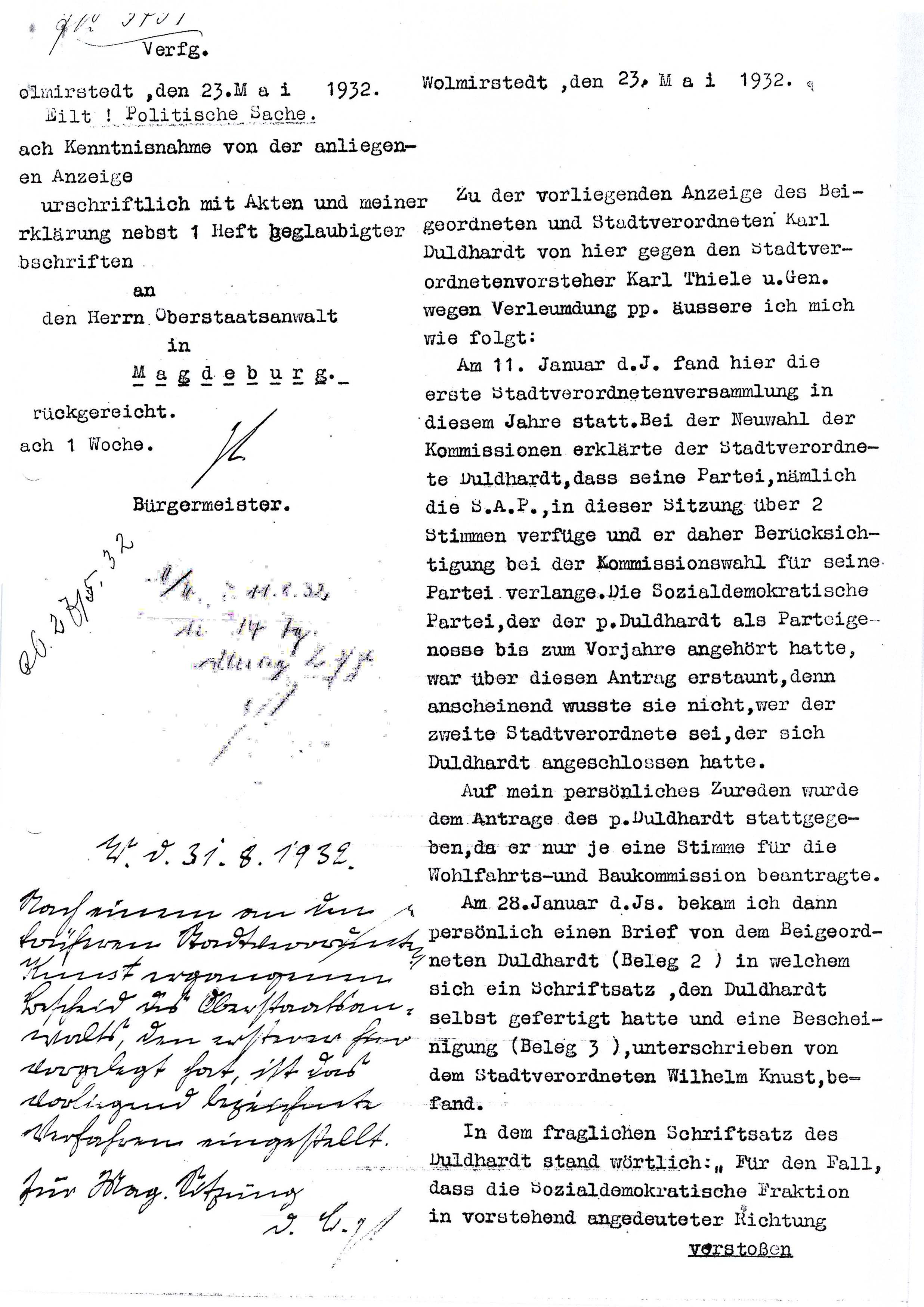 Kopie Stellungnahme Friedrich Haselhorst zum Verfahren wegen Verleumdung von Karl Duldhardt (Museum Wolmirstedt RR-F)