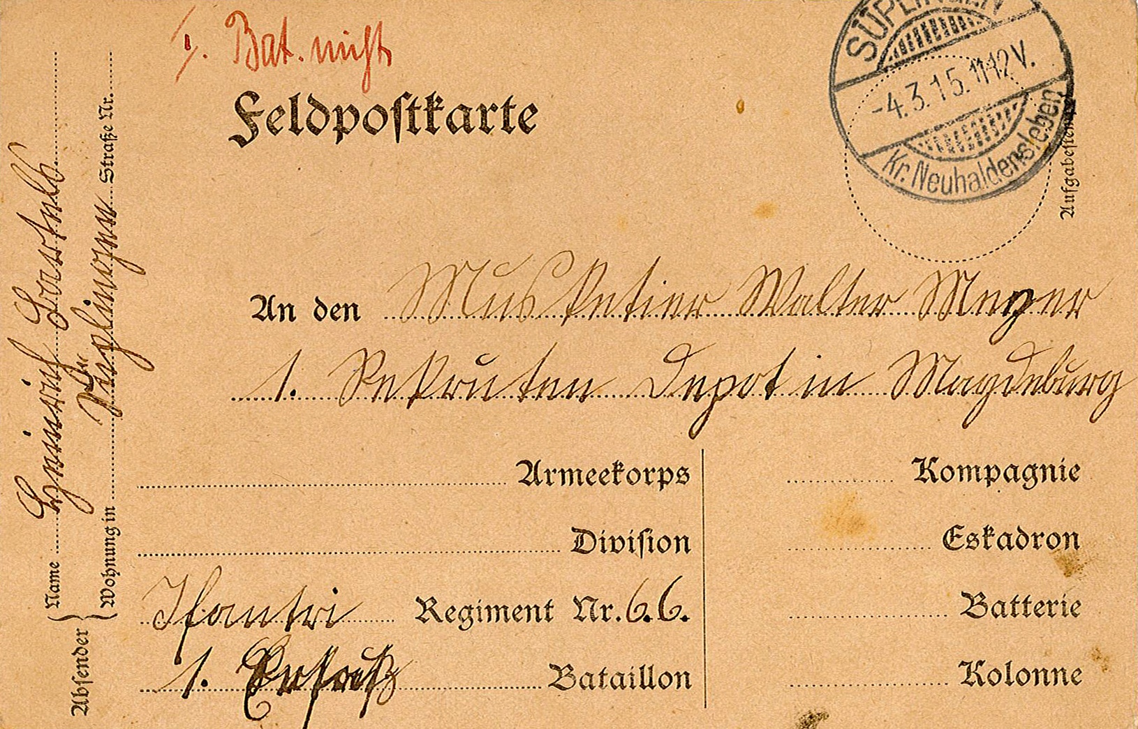 Feldpostkarte von Heinrich Bartels an Walter Weger, 04.03.1915 (Museum Wolmirstedt RR-F)