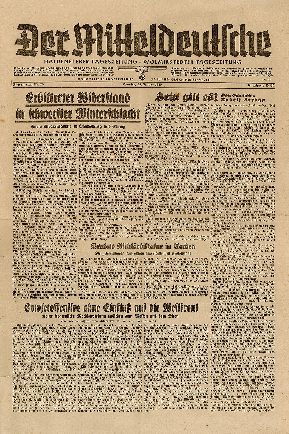 Der Mitteldeutsche, Haldensleber Tageszeitung - Wolmirstedter Tageszeitung, 28. Januar 1945 (Jg. 14, Nr. 23) (Museum Wolmirstedt RR-F)