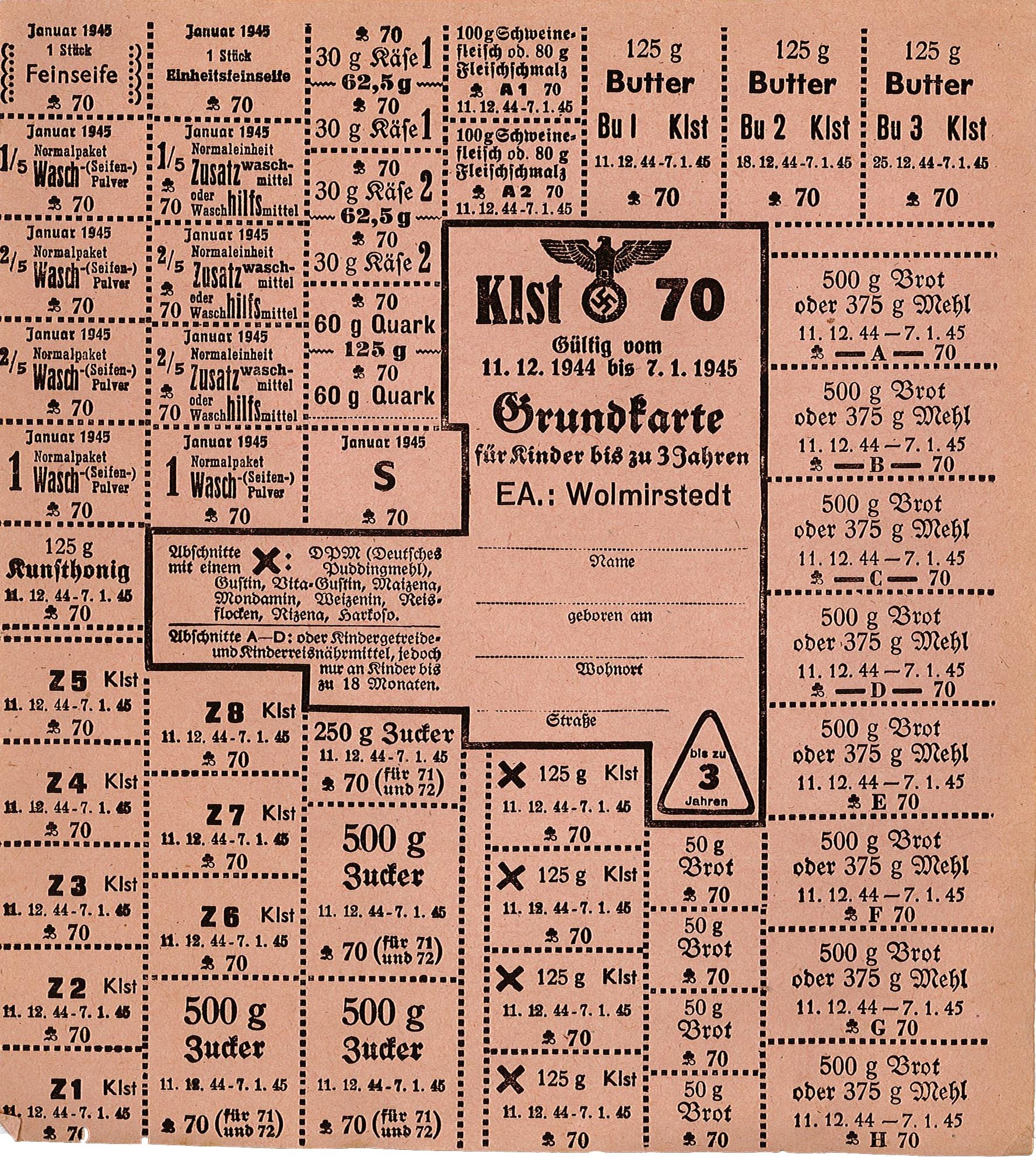 Lebensmittelkarte - Grundkarte für Kinder bis zu 3 Jahren (Zeitraum 11.12.1944 - 07.01.1045) (Museum Wolmirstedt RR-F)