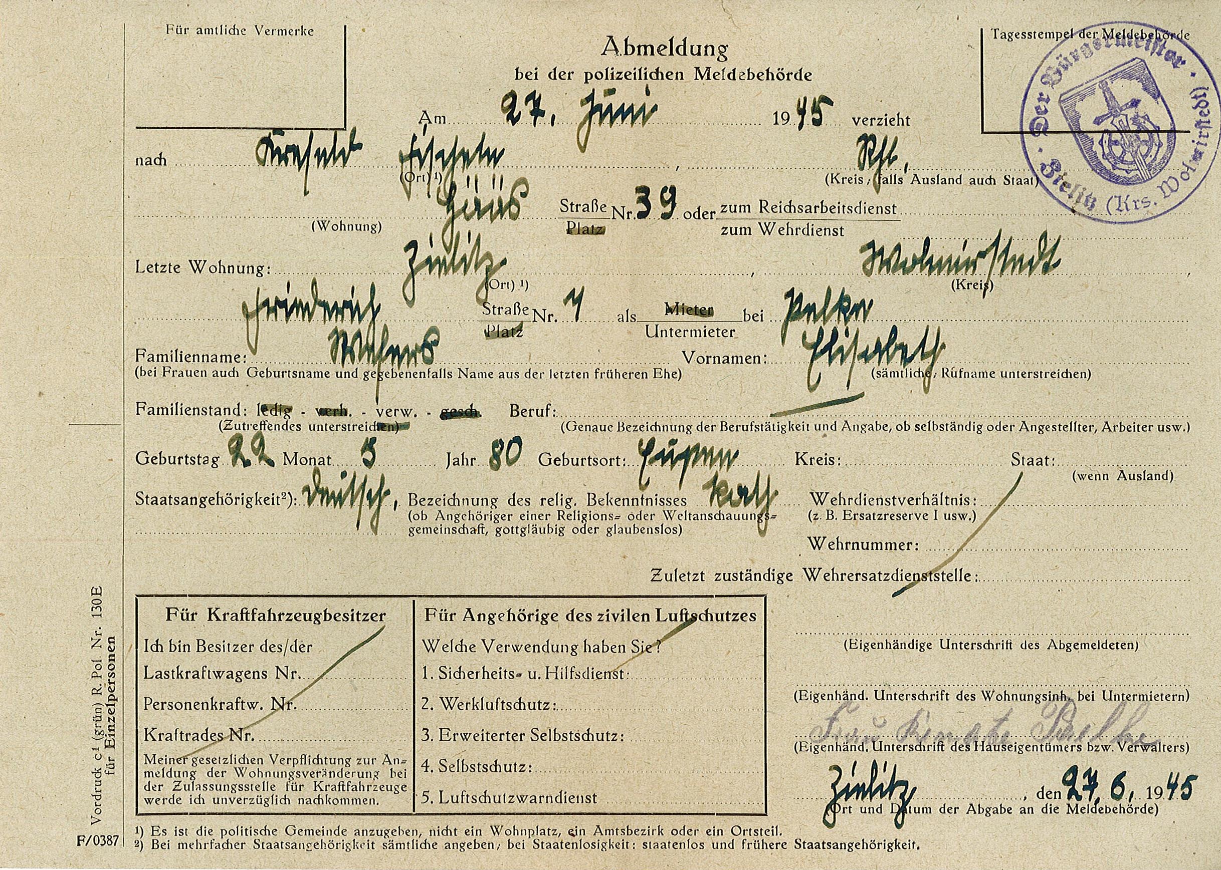 Abmeldeformular Polizei Zielitz für Elisabeth ?, 27. Juni 1945 (Museum Wolmirstedt RR-F)